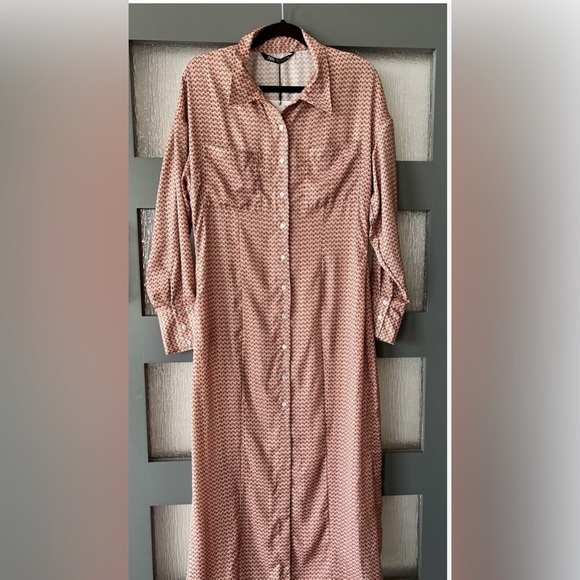 Zara Long Sleeve Pink and Black Floral Button Down Long Shirt dress size XL NWT - Picture 7 of 16